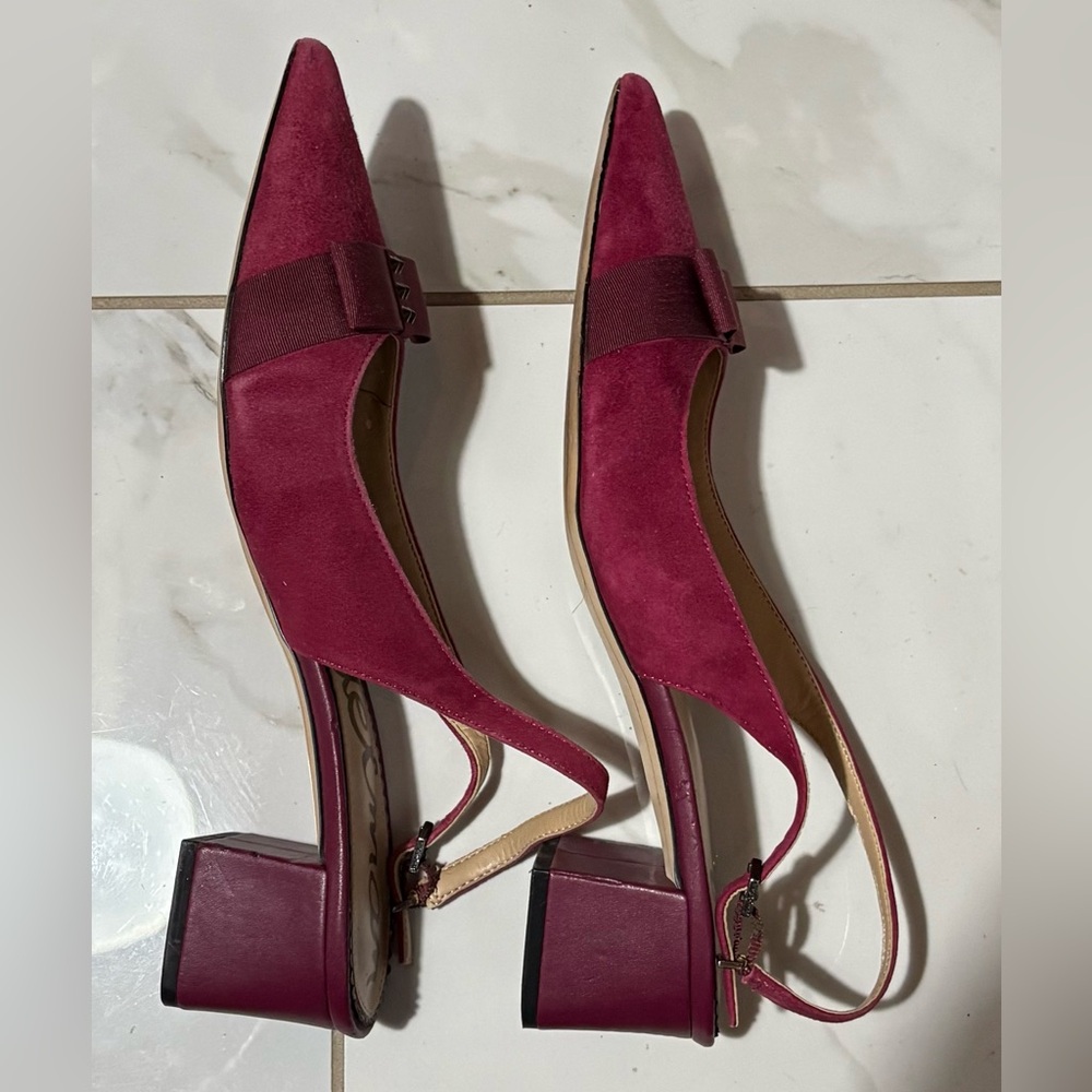 Sam Edelman Burgundy Suede Slingback Heels with Grosgrain Bow Details - Picture 2 of 4